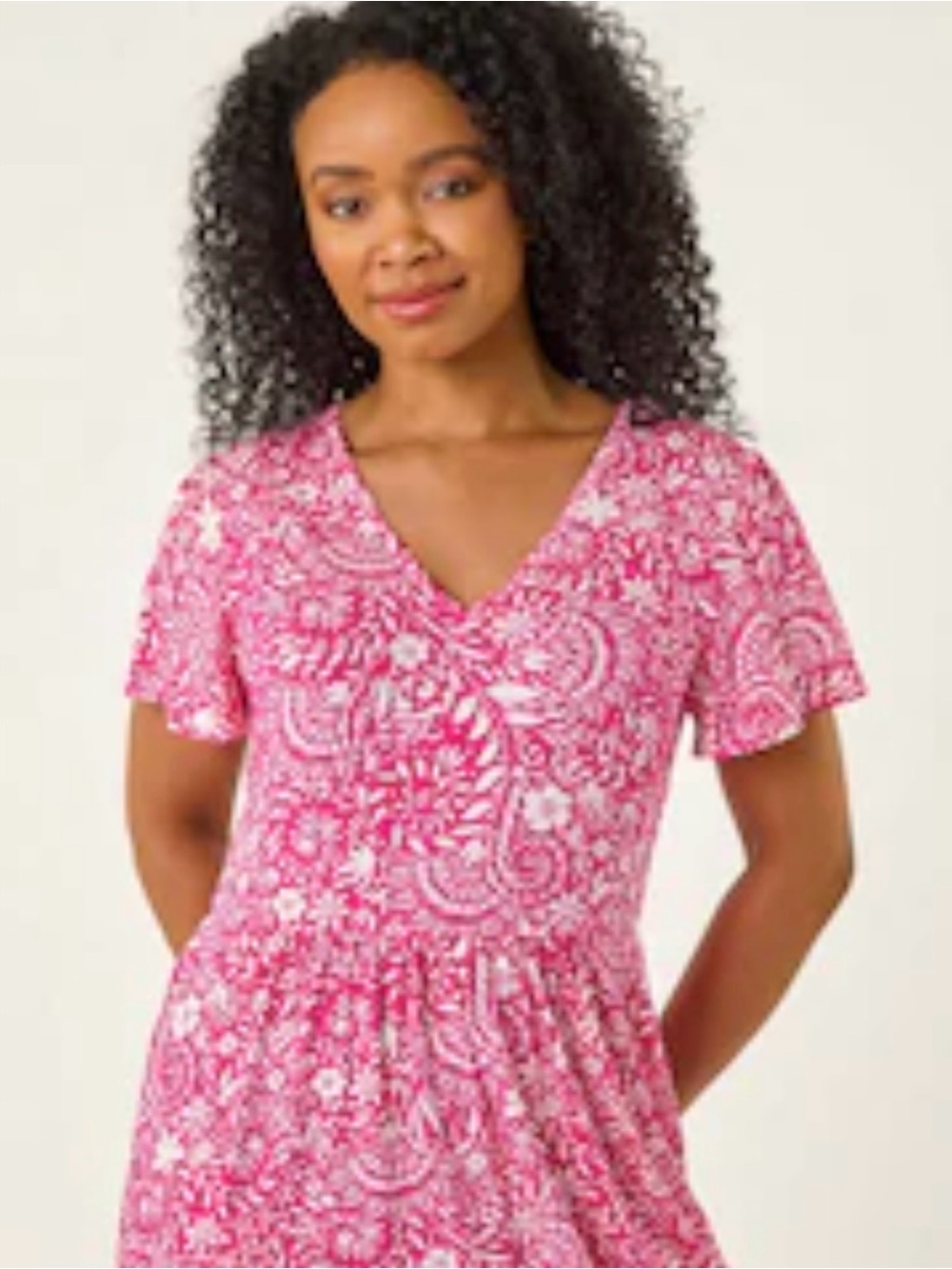0024 Women’s Pink V-Neck Floral Print Sleeve dress